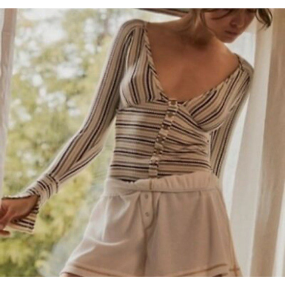 Free People Bodysuit Womens Lg By The Fire Thermal Striped Textured V-Neck Boho - Picture 1 of 11